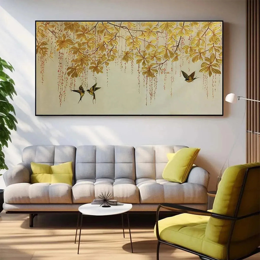 Golden Garden panoramic painting with golden leaves and birds by Chen Liu, displayed in a modern living room above a sofa.