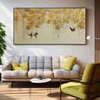 Golden Garden panoramic painting with golden leaves and birds by Chen Liu, displayed in a modern living room above a sofa.