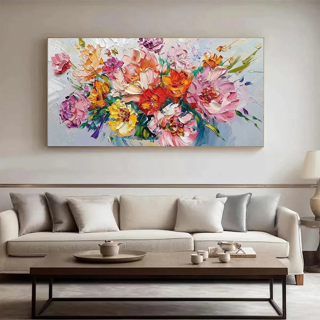 Impasto floral bouquet painting by Isabella Rossi, vibrant colors, textured artwork, gold frame, modern living room.