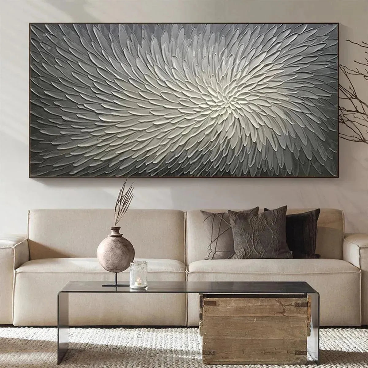 Silver Swirl abstract painting by Isabella Rossi, grey and white textured artwork above sofa in modern living room.