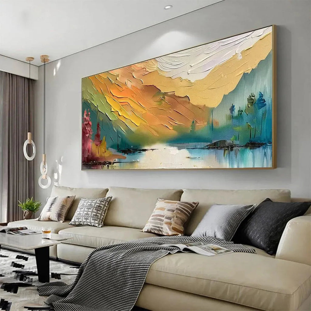 Isabella Rossi's textured 'Autumn Valley' landscape painting in a modern living room.