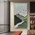 JADE PEAK Chen Liu art, textured green and white mountain landscape, flowing river, framed artwork for modern home decor.