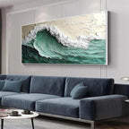 EMERALD CREST: Green White Beige Impasto Wave Painting Horizontal Canvas
