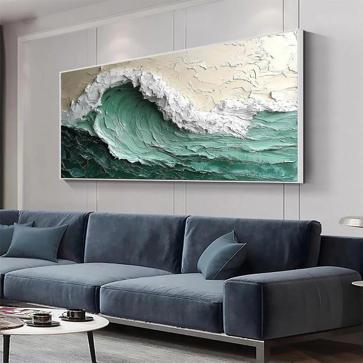EMERALD CREST: Green White Beige Impasto Wave Painting Horizontal Canvas