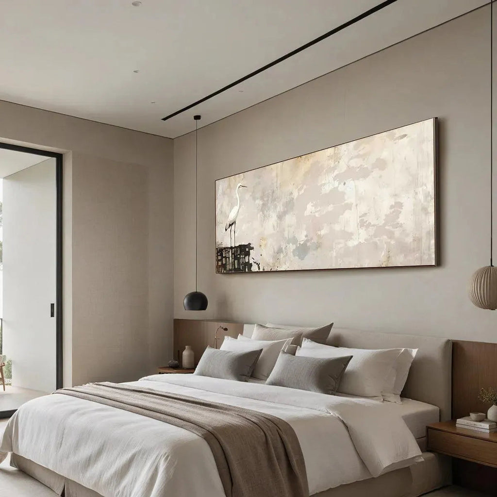 White Heron Panoramic wall art, minimalist bird painting displayed above a bed in a modern bedroom.