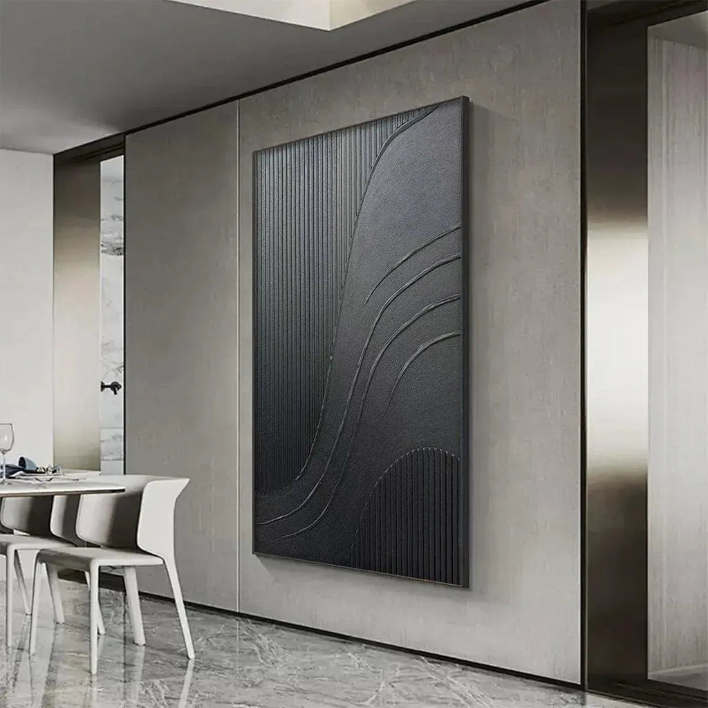 Black Textured Curves painting by Javier Ramirez, minimalist abstract art with textured black surface, modern decor