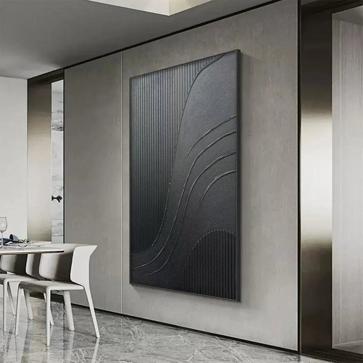 Black Textured Curves painting by Javier Ramirez, minimalist abstract art with textured black surface, modern decor