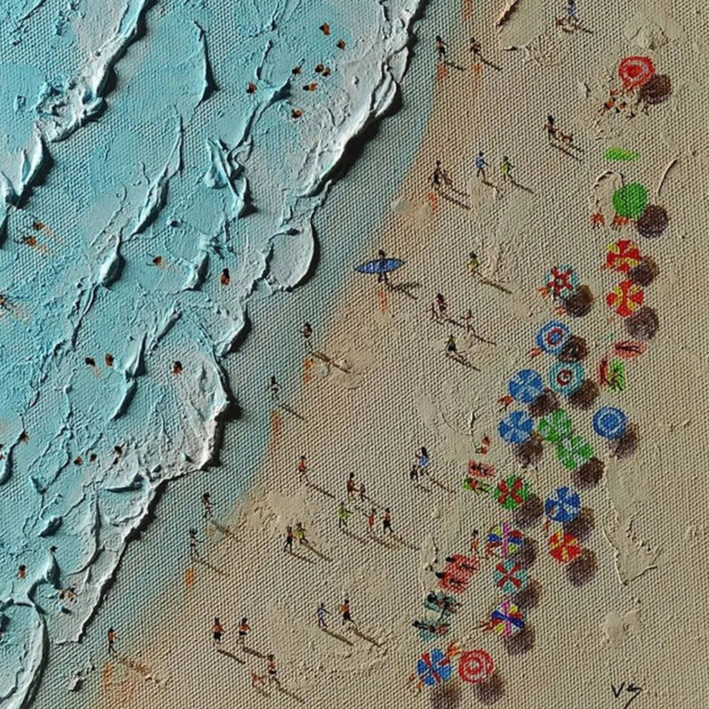 AERIAL VISTA: Impasto Beach Scene Colorful Umbrellas Turquoise Waves Canvas