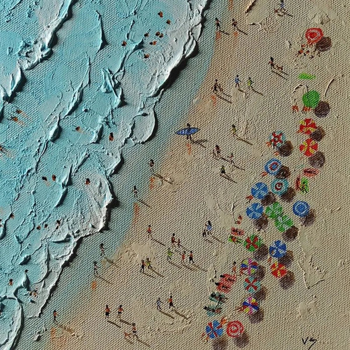 AERIAL VISTA: Impasto Beach Scene Colorful Umbrellas Turquoise Waves Canvas