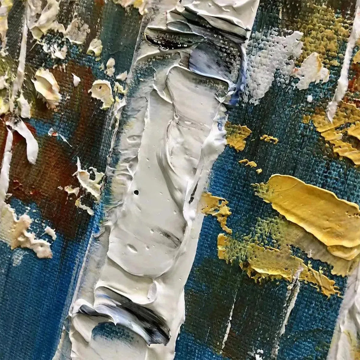Golden Birch Grove painting close-up: prominent impasto texture on white trunks, golden-yellow foliage, blue background.