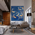 GOLDEN KOI: Graceful Fish Dance In Golden Leaves Blue Canvas