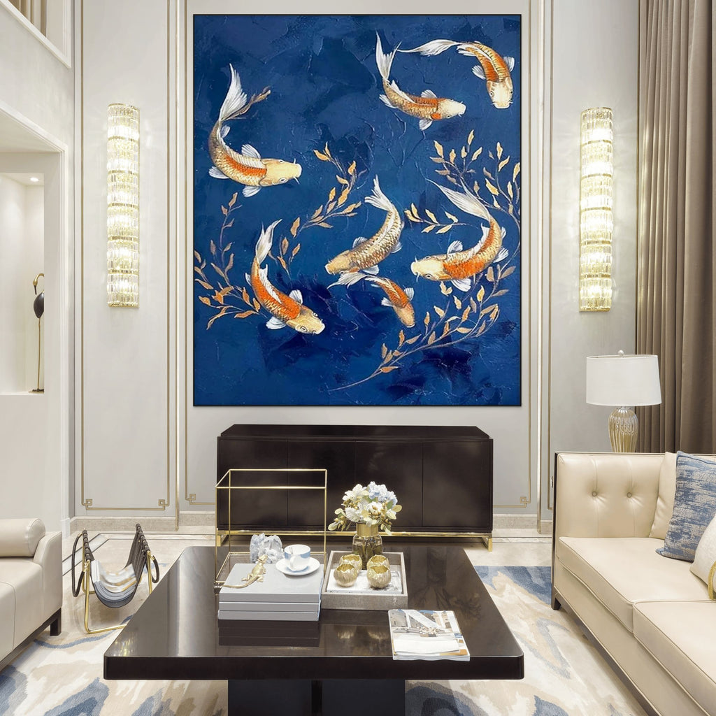 GOLDEN KOI: Graceful Fish Dance In Golden Leaves Blue Canvas