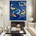 GOLDEN KOI: Graceful Fish Dance In Golden Leaves Blue Canvas