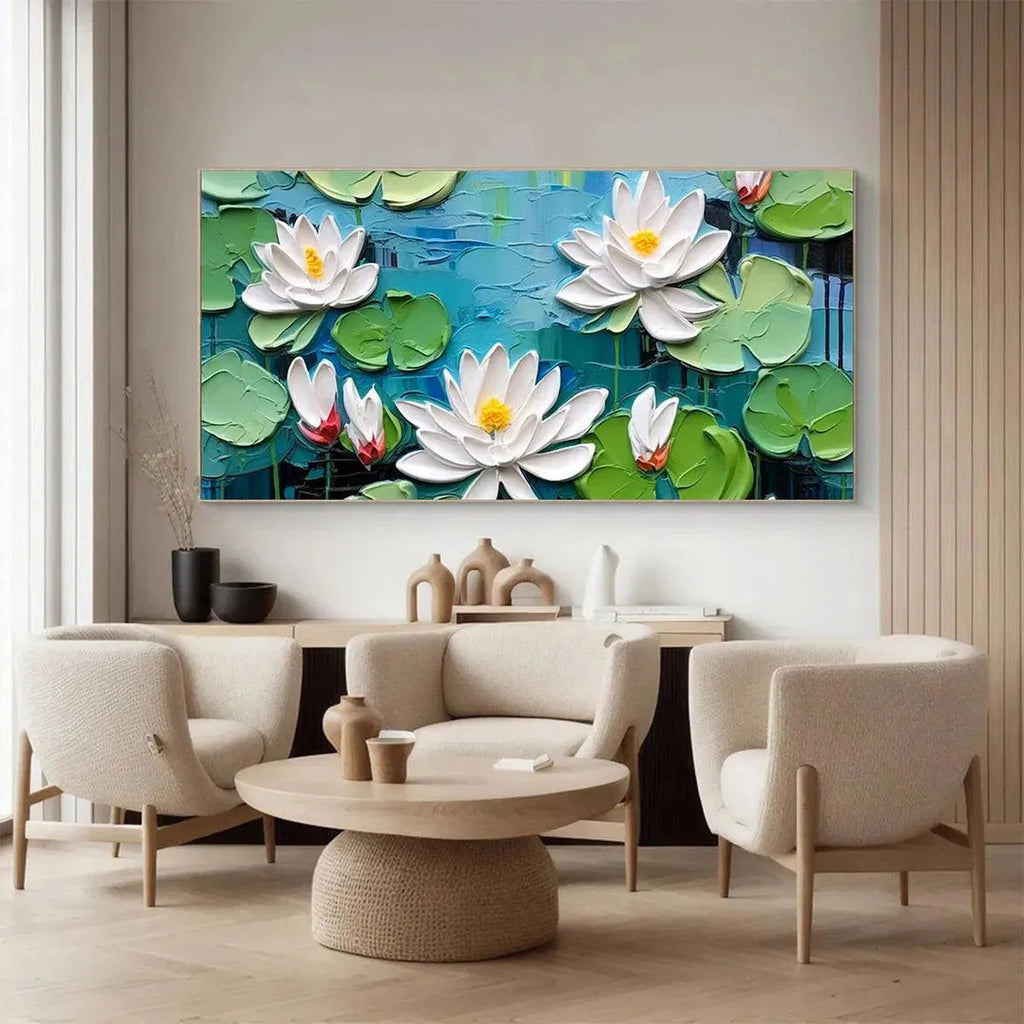 Isabella Rossi's Serene Lotus Pond painting. Textured impasto white water lilies with yellow centers and green lily pads.