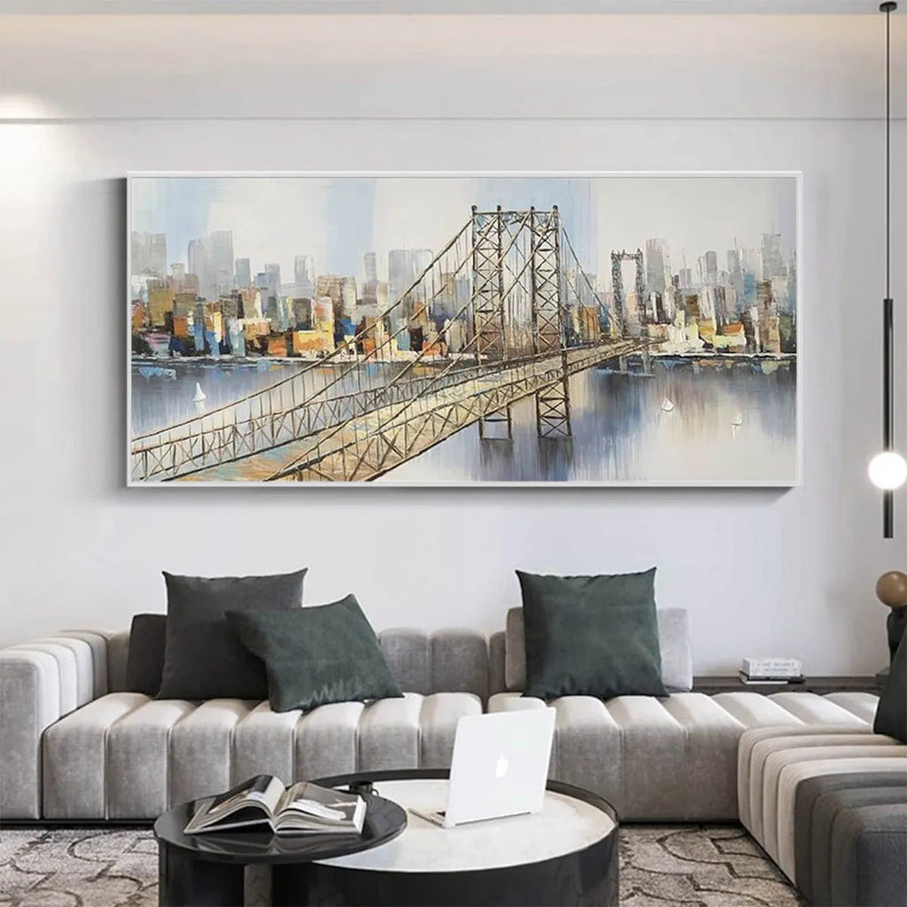 URBAN CONNECTIVITY: Cityscape With Bridge Soft Muted Colors Panoramic Wall Art