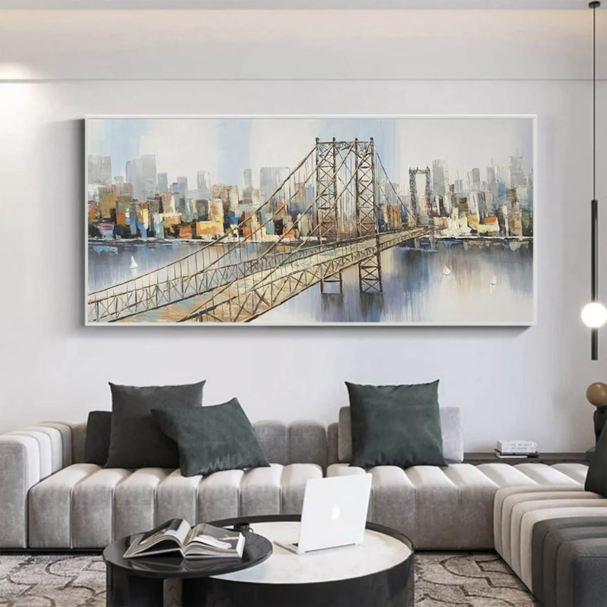 URBAN CONNECTIVITY: Cityscape With Bridge Soft Muted Colors Panoramic Wall Art
