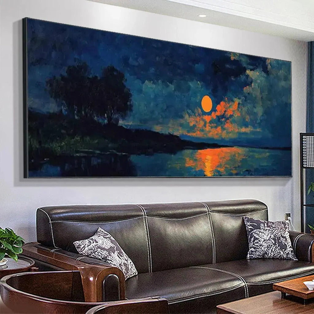 Liam O'Connell's Harvest Moon Over Lake panoramic art. Orange moon reflection on water, silhouetted trees, blue sky.