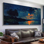 Liam O'Connell's Harvest Moon Over Lake panoramic art. Orange moon reflection on water, silhouetted trees, blue sky.