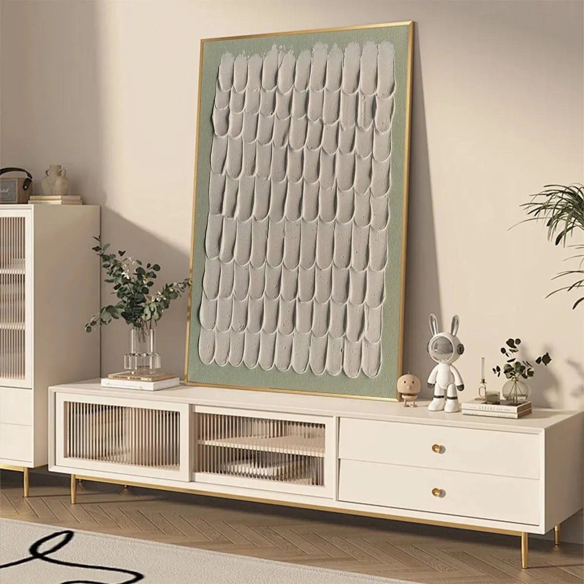 Textured Scales abstract art by Liam O'Connell in neutral tones with gold frame, Wabi Sabi style.