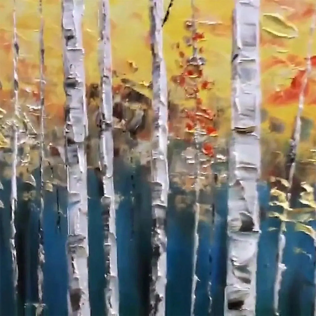 Golden Birch Grove original oil painting with white birch trees and golden autumn foliage.