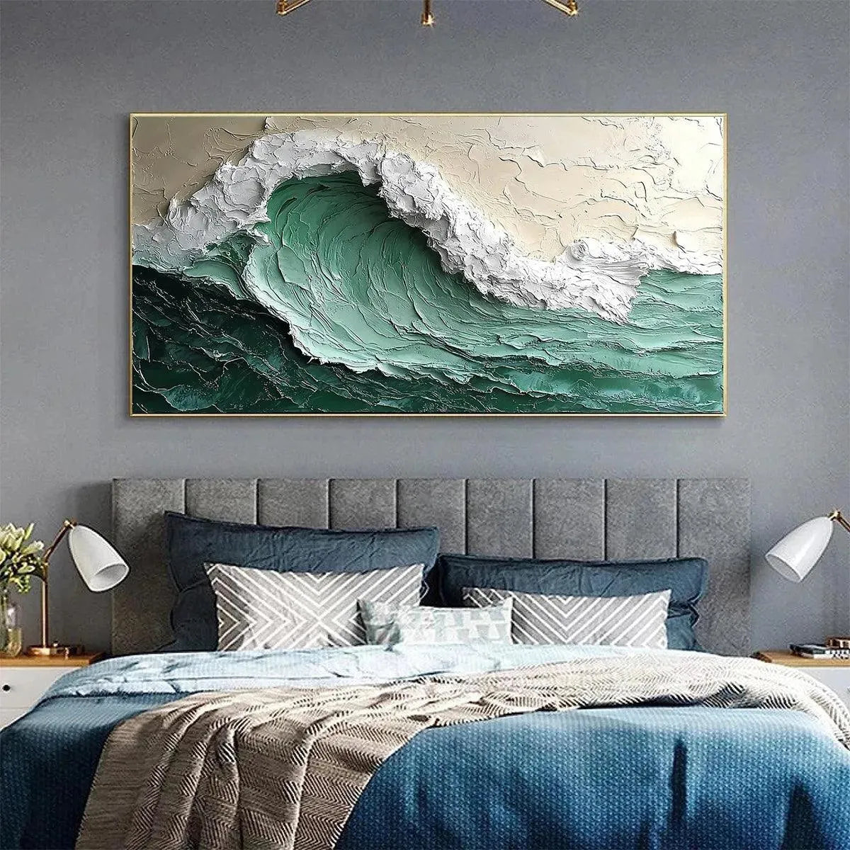 EMERALD CREST: Green White Beige Impasto Wave Painting Horizontal Canvas