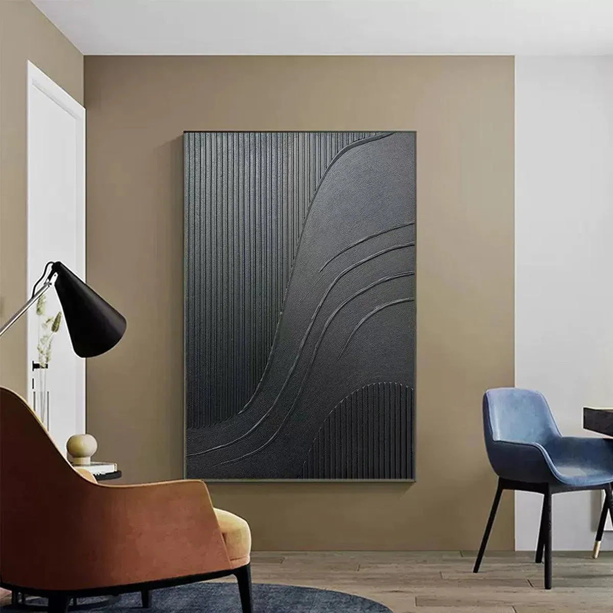 Black Textured Curves by Javier Ramirez, minimalist black textured painting, modern wall art, contemporary decor