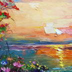 Vibrant impasto sunset painting: impressionistic landscape with rich orange, blue water, and textured flowers.