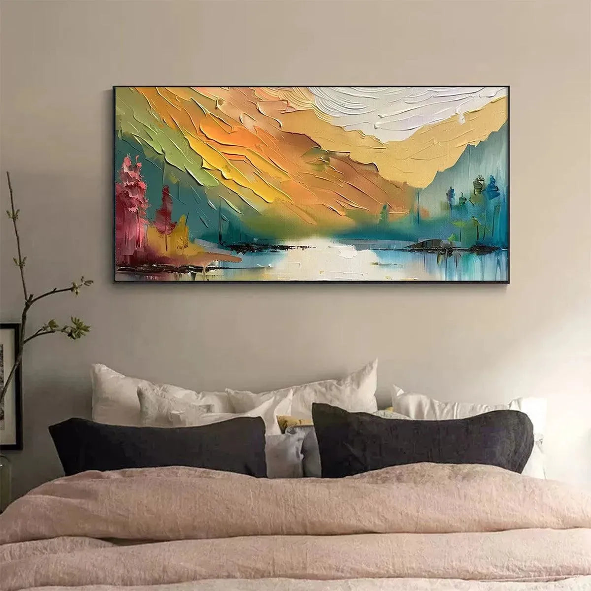 Isabella Rossi's Vibrant 'Autumn Valley' textured impasto landscape painting above bed in a modern bedroom.