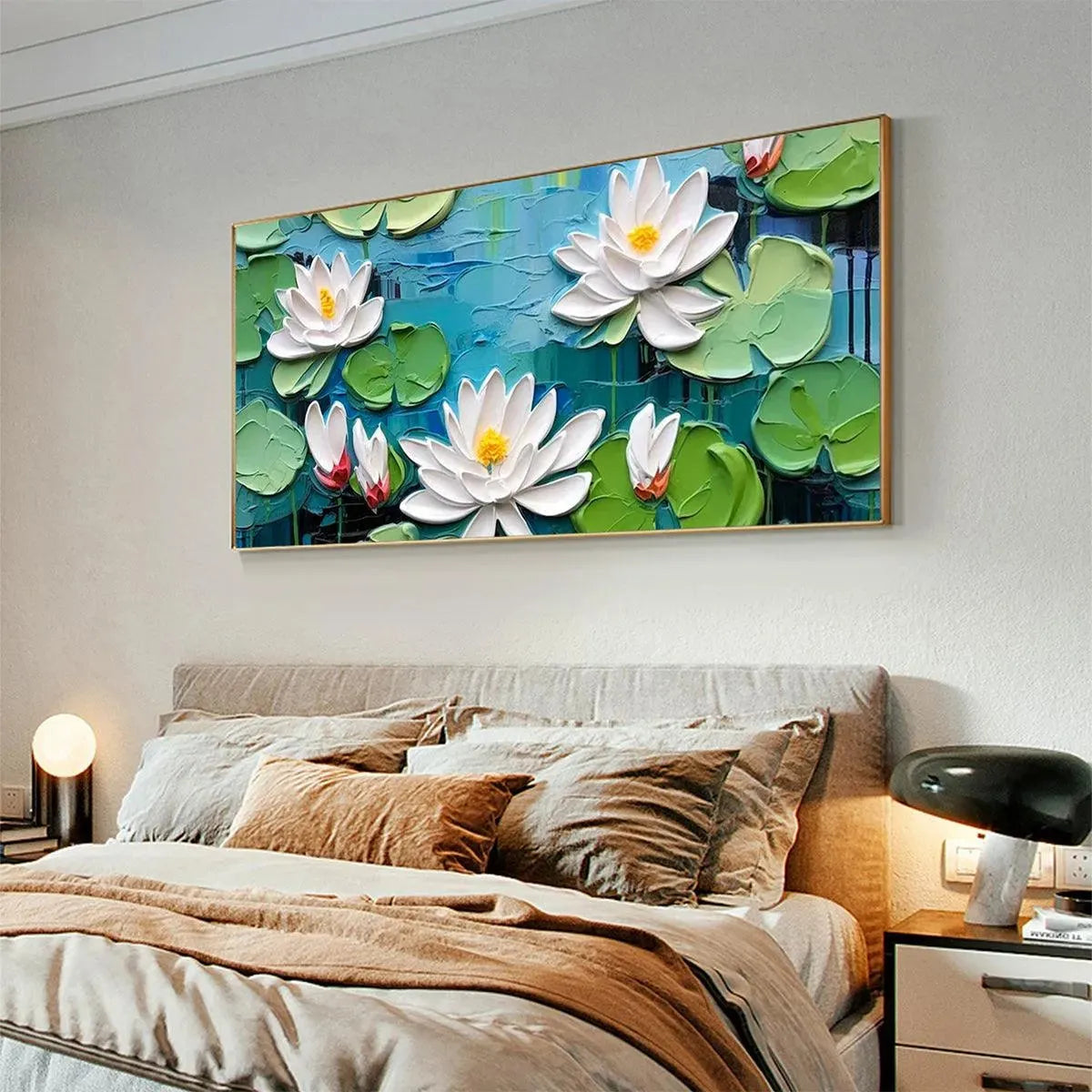 Isabella Rossi Serene Lotus Pond textured impasto painting, horizontal wall art with white water lilies and green pads