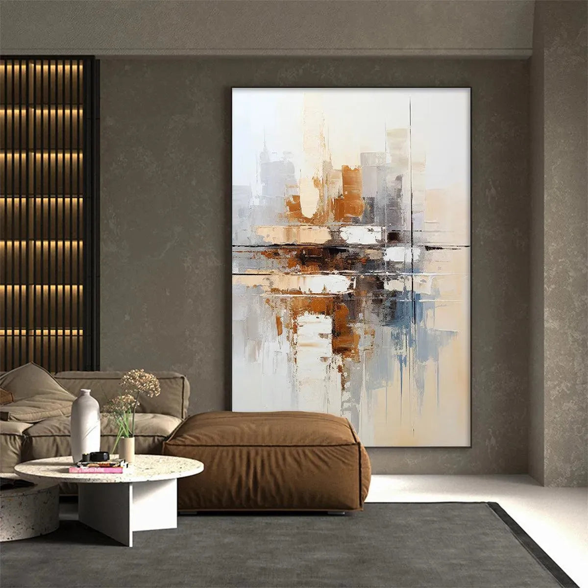 URBAN ABSTRACT: Textured Vertical Minimalist Cityscape Oil Painting