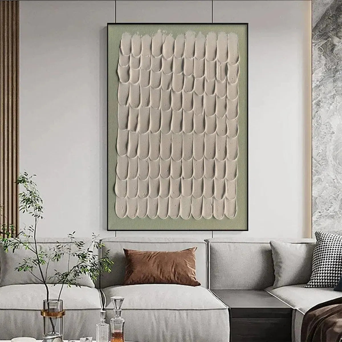 Textured Scales abstract painting by Liam O'Connell, neutral tones, Wabi Sabi style, framed, modern decor.