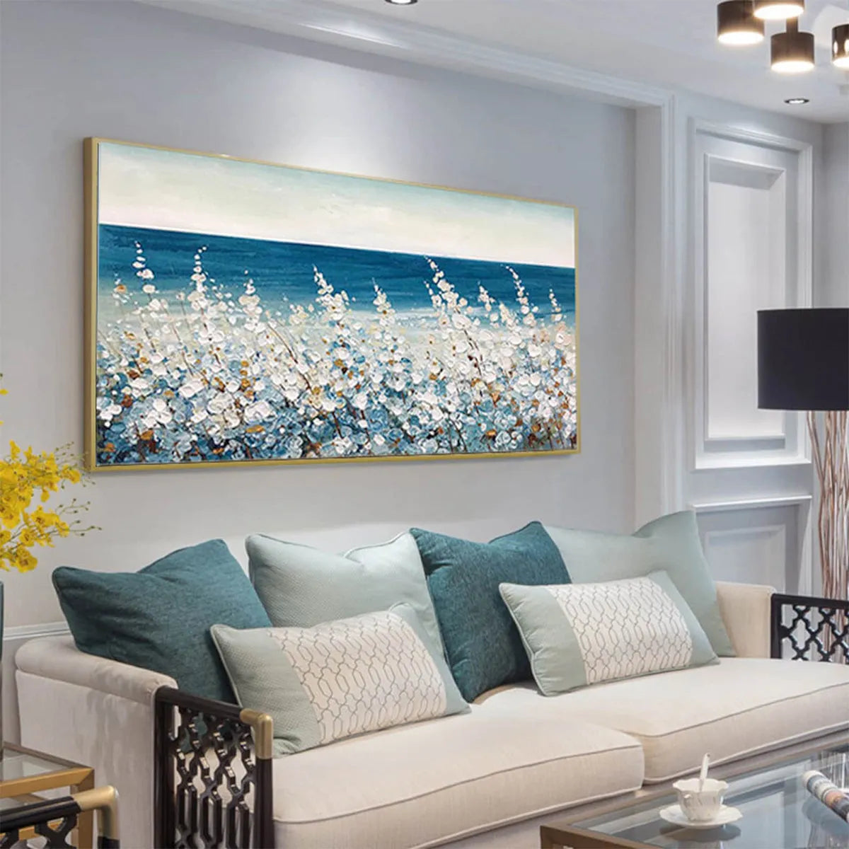OCEAN BREEZE: Impasto Blue White Coastal Grass Seascape Horizontal Canvas