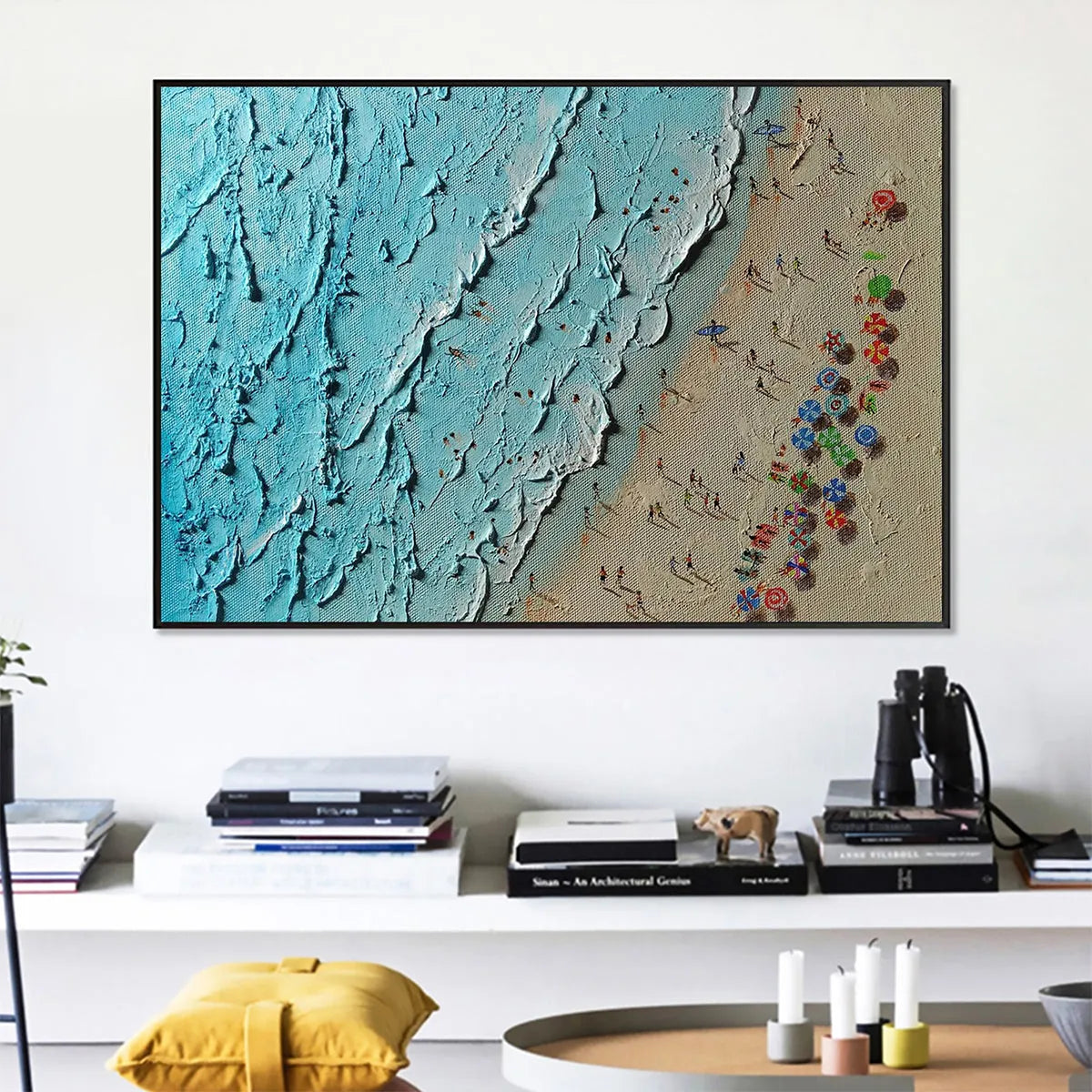 AERIAL VISTA: Impasto Beach Scene Colorful Umbrellas Turquoise Waves Canvas
