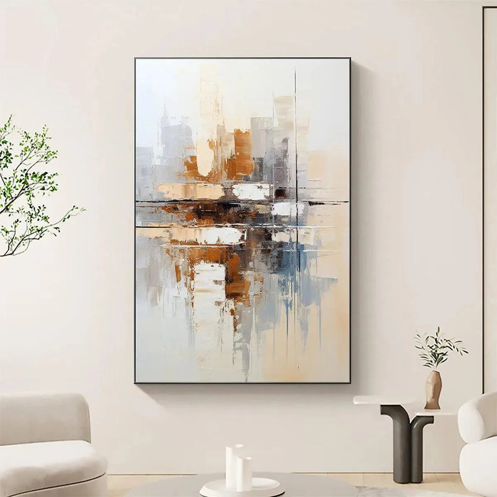 URBAN ABSTRACT: Textured Vertical Minimalist Cityscape Oil Painting