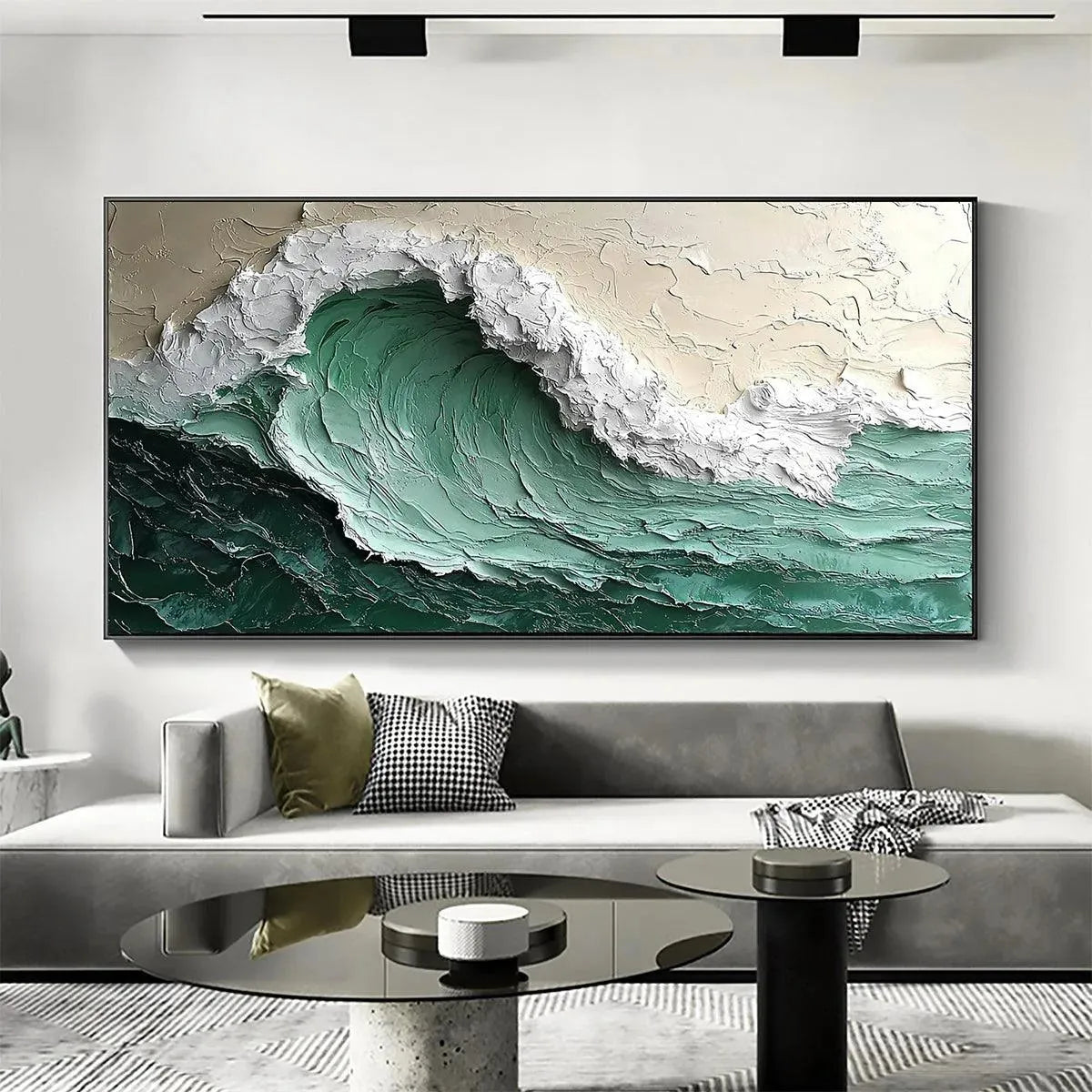 EMERALD CREST: Green White Beige Impasto Wave Painting Horizontal Canvas