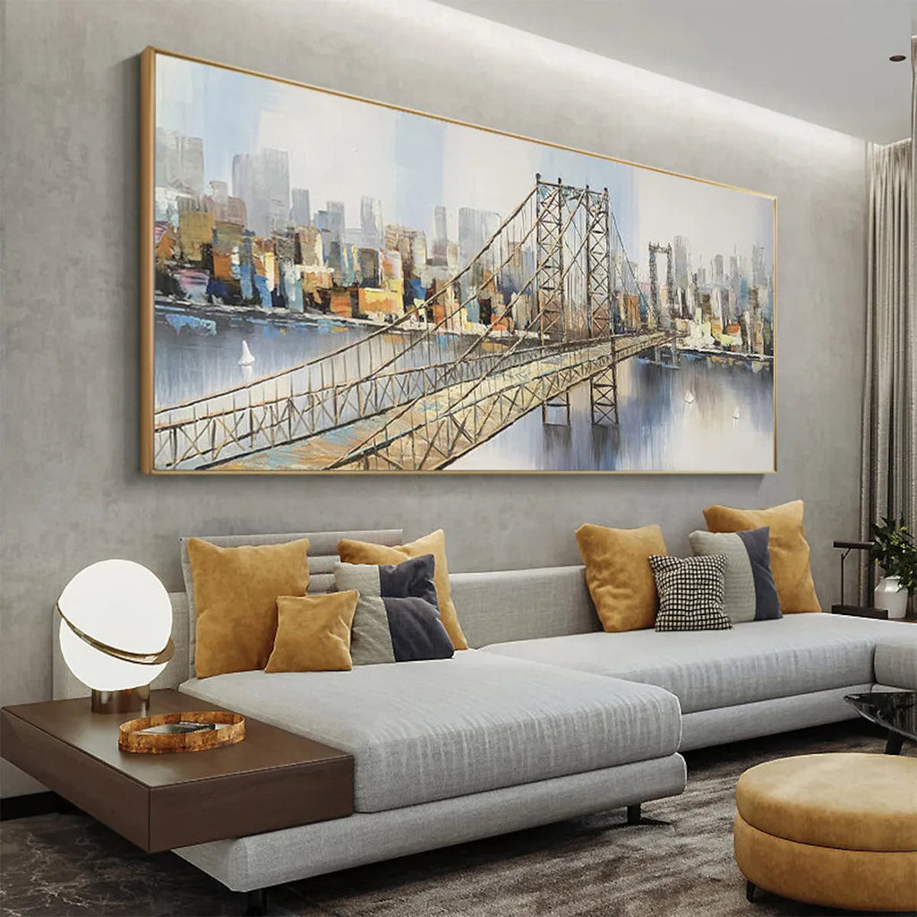 URBAN CONNECTIVITY: Cityscape With Bridge Soft Muted Colors Panoramic Wall Art