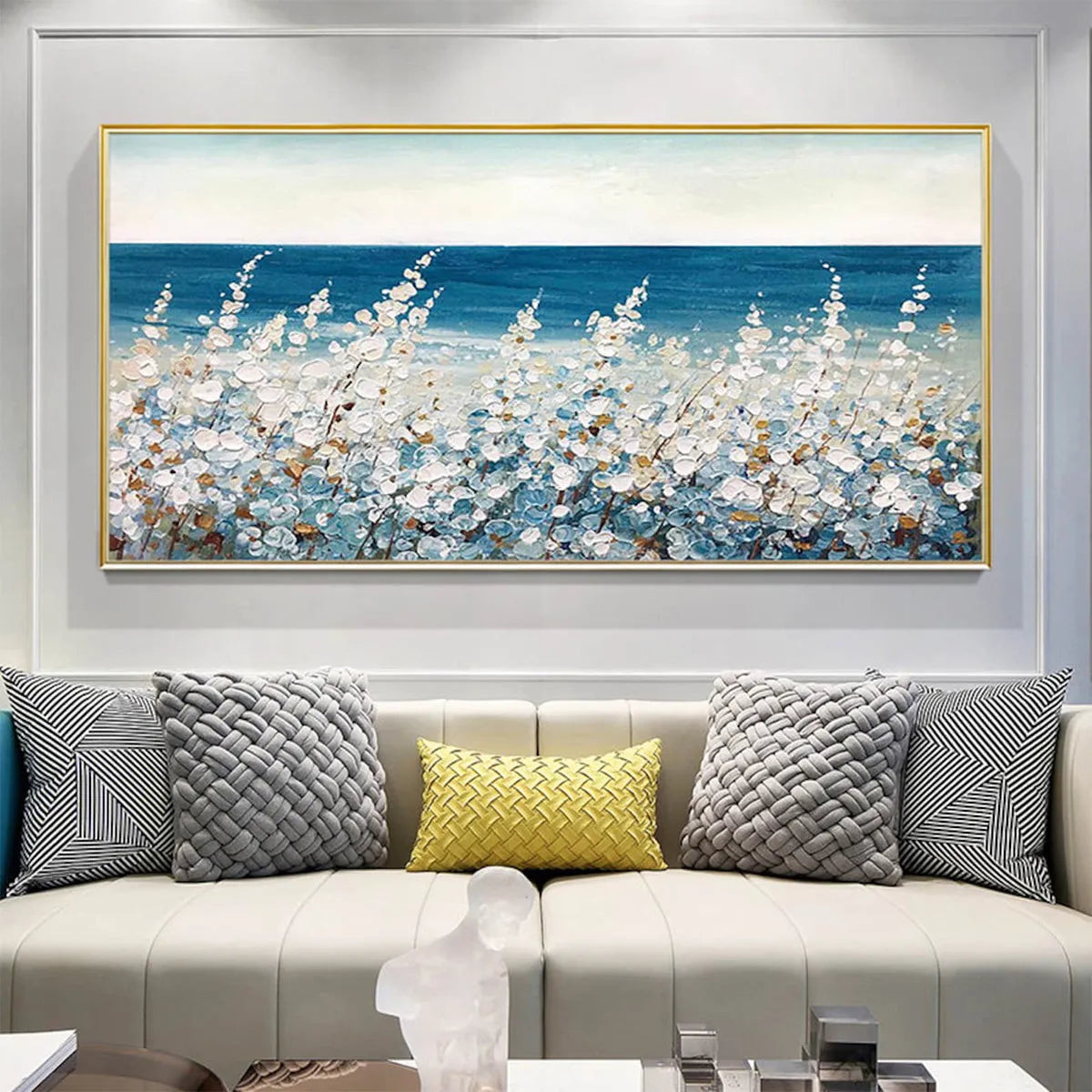 OCEAN BREEZE: Impasto Blue White Coastal Grass Seascape Horizontal Canvas