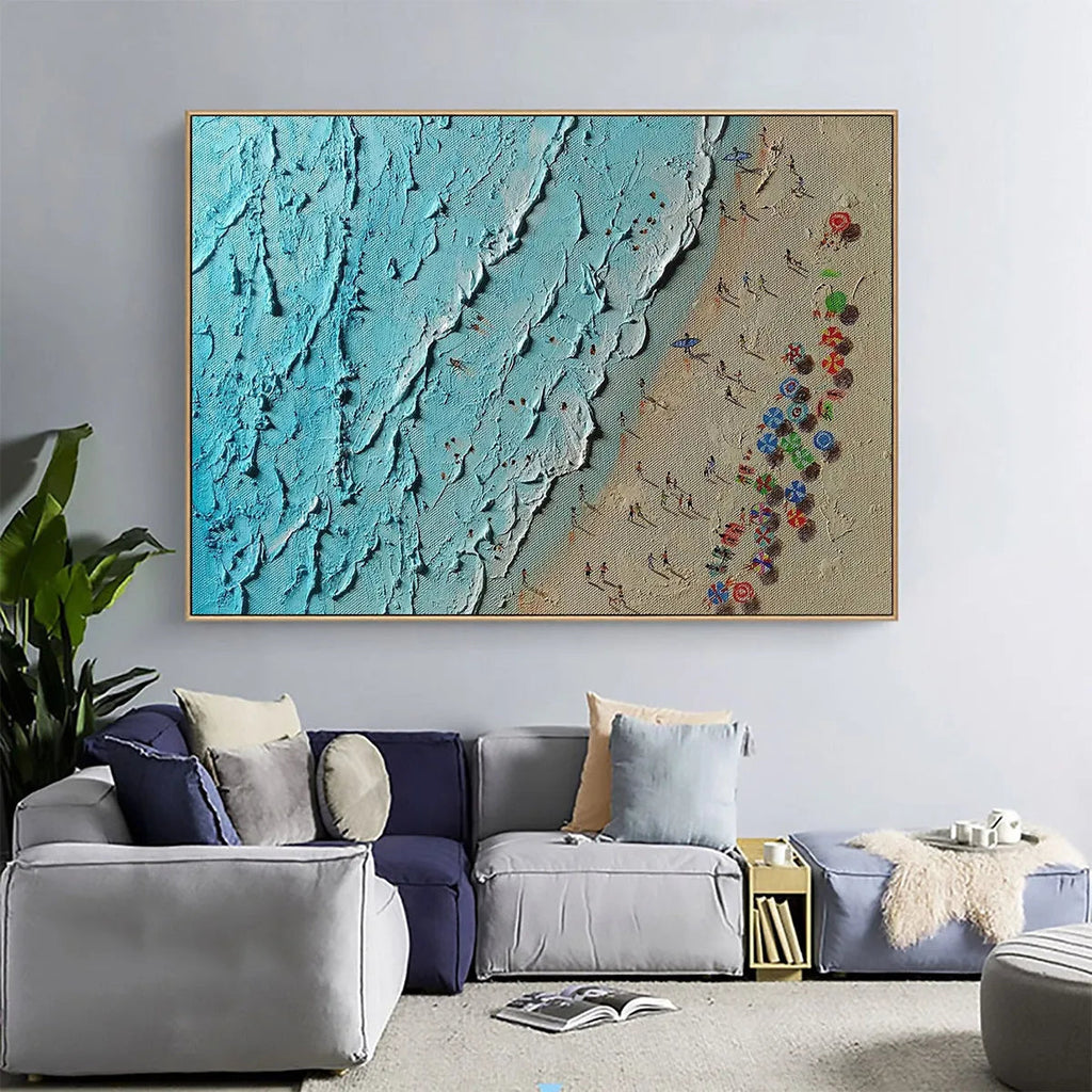 AERIAL VISTA: Impasto Beach Scene Colorful Umbrellas Turquoise Waves Canvas