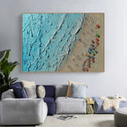 AERIAL VISTA: Impasto Beach Scene Colorful Umbrellas Turquoise Waves Canvas