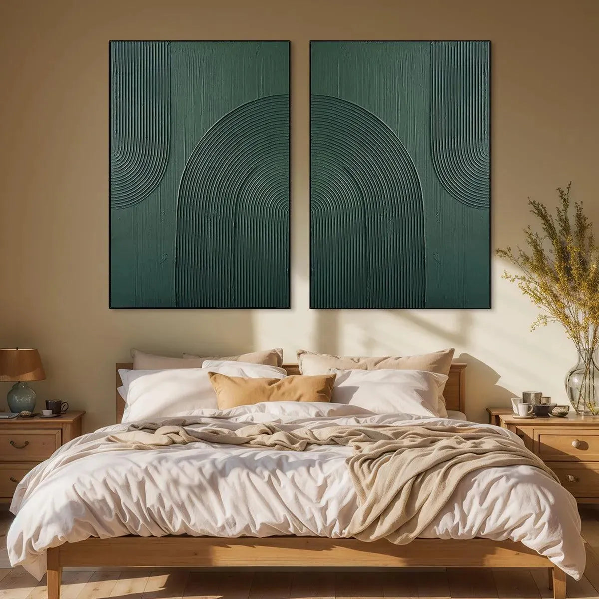 Green Textured Arches Diptych set of 2 abstract paintings displayed in a bedroom above a wooden bed.