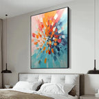 Radiant Burst: Textured Abstract Impasto Painting by Isabella Rossi, vertical wall art in a contemporary bedroom.