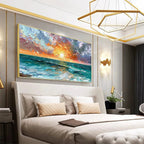 Vibrant impasto Ocean Sunset artwork with textured waves in a gold frame, creating a calming focal point in a modern bedroom.