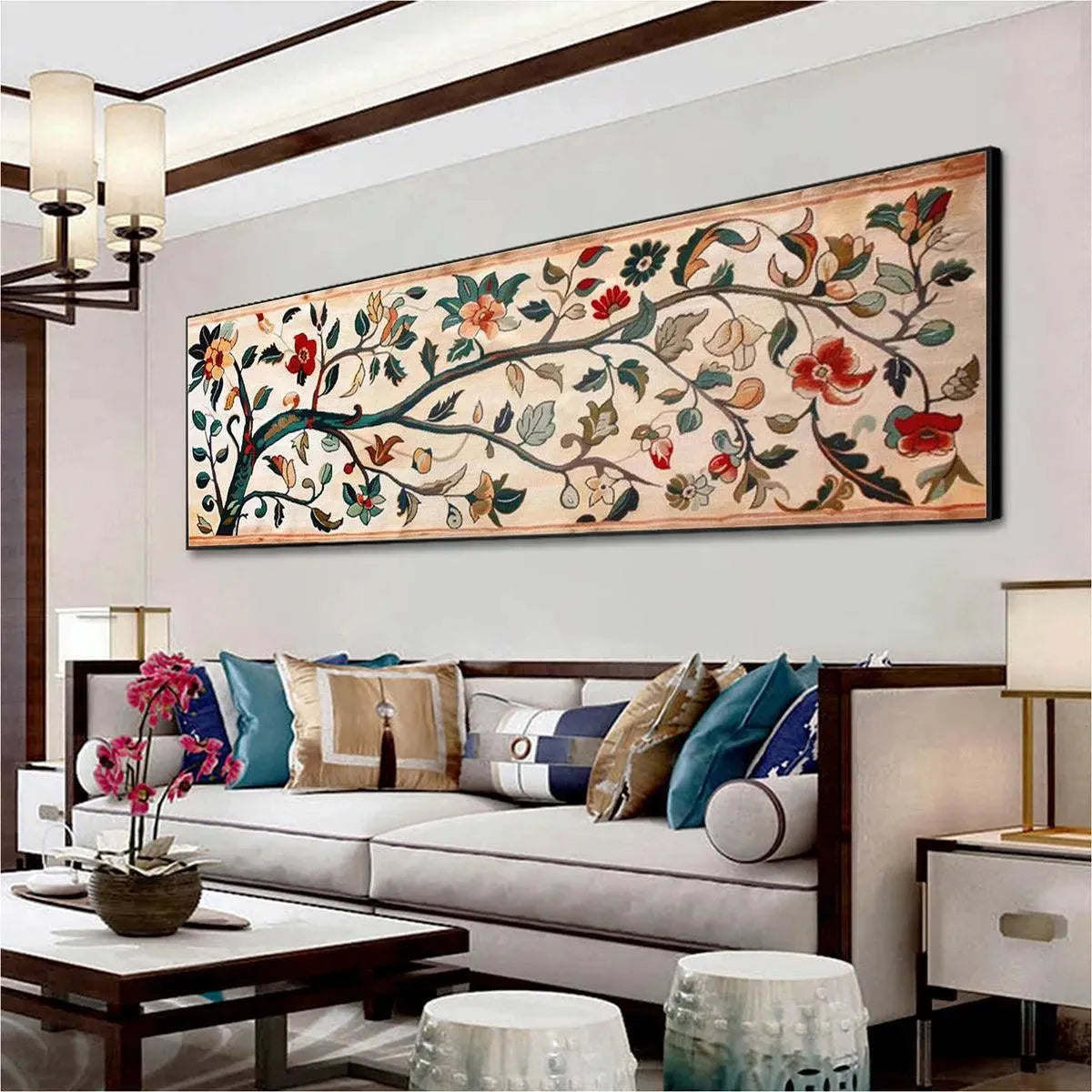 Panoramic vintage-style floral tapestry wall art with branches and multicolor flowers on cream background.
