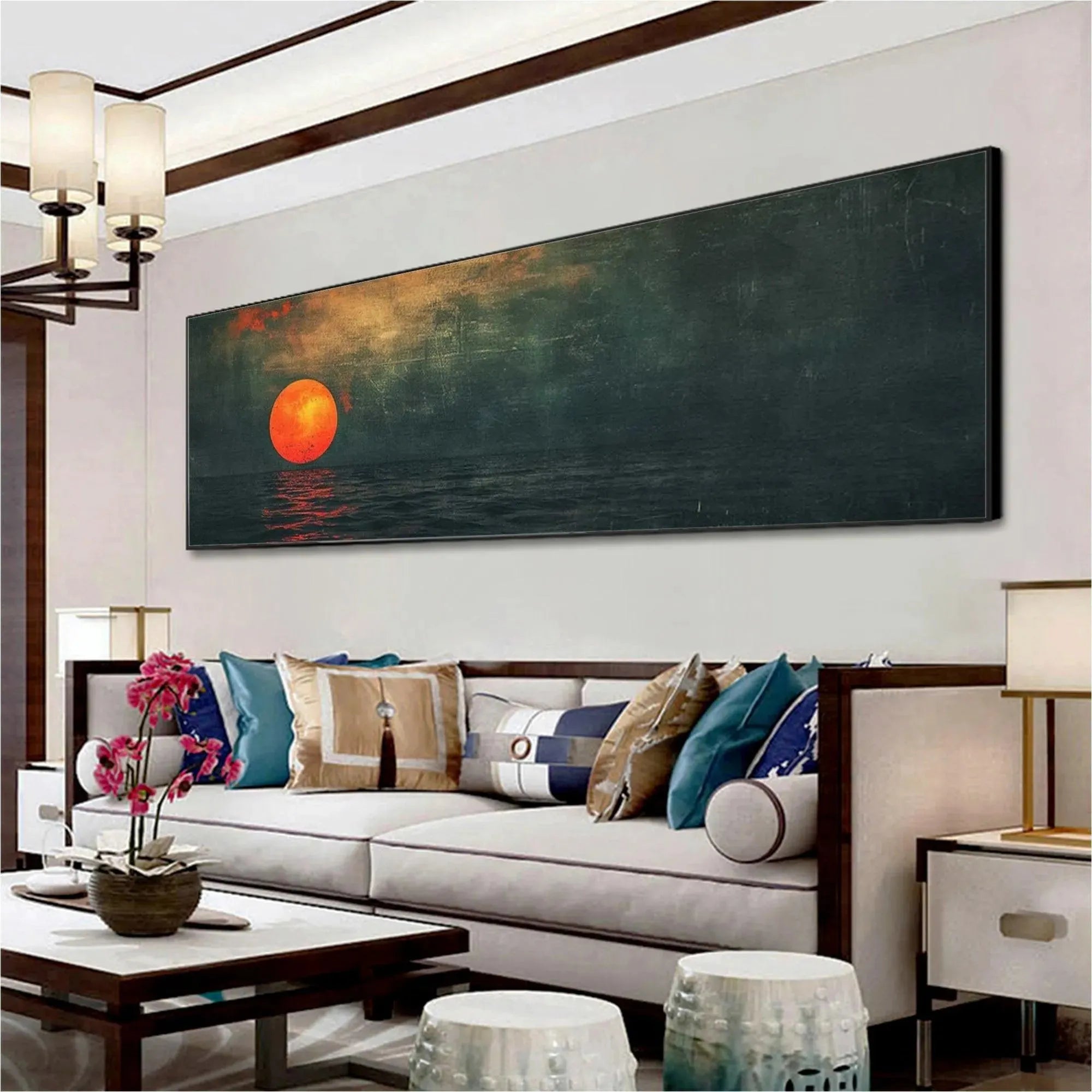 Panoramic sunset painting of blood moon over ocean with reflection, vintage texture, displayed in living room.