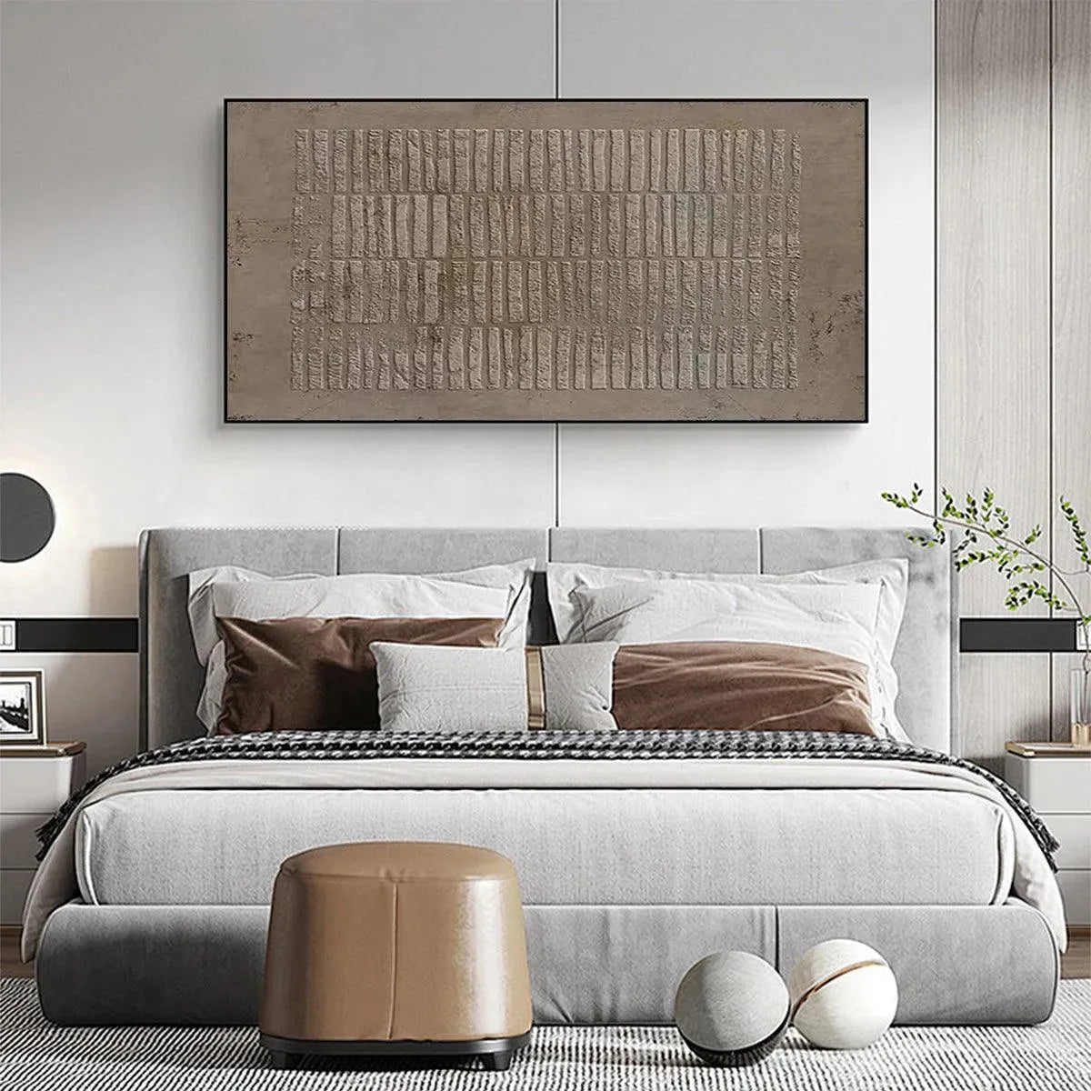 Javier Ramirez Textured Rectangle Array painting above a bed. Minimalist brown textured artwork, modern interior decor.