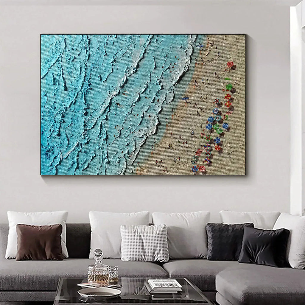 AERIAL VISTA: Impasto Beach Scene Colorful Umbrellas Turquoise Waves Canvas