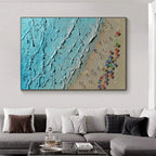 AERIAL VISTA: Impasto Beach Scene Colorful Umbrellas Turquoise Waves Canvas