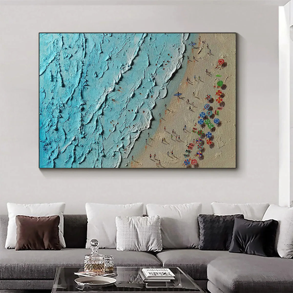 AERIAL VISTA: Impasto Beach Scene Colorful Umbrellas Turquoise Waves Canvas