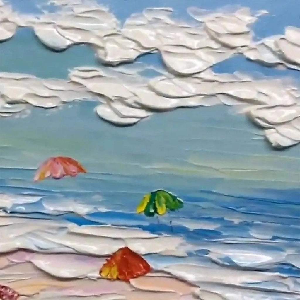 Seaside Celebration painting by Liam O'Connell, beach scene with colorful umbrellas, textured impasto artwork.