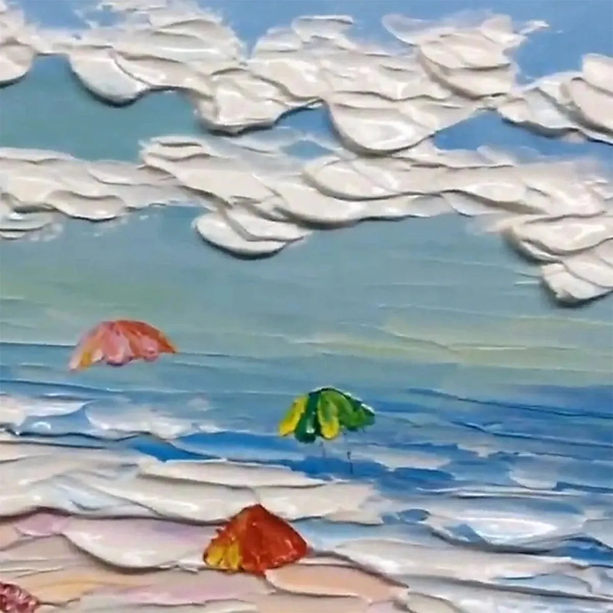 Seaside Celebration painting by Liam O'Connell, beach scene with colorful umbrellas, textured impasto artwork.